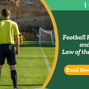 Referee observing football match; banner promotes IOMH Football Referee and Law of the Game course.