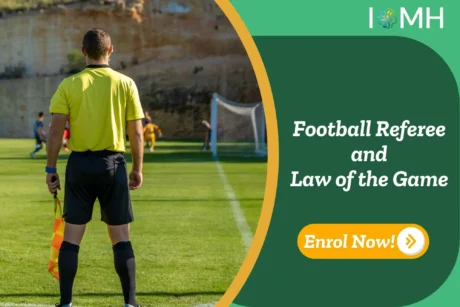 Referee observing football match; banner promotes IOMH Football Referee and Law of the Game course.
