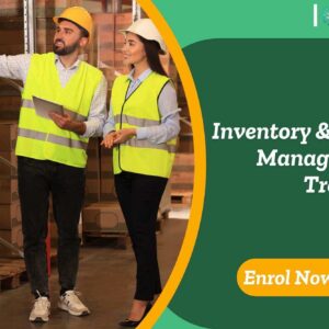 Inventory and Stock Management Training banner with warehouse professionals in safety vests using tablet among stacked boxes and enrol now.