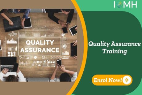 Team using devices around table; banner promotes IOMH Quality Assurance Training course.