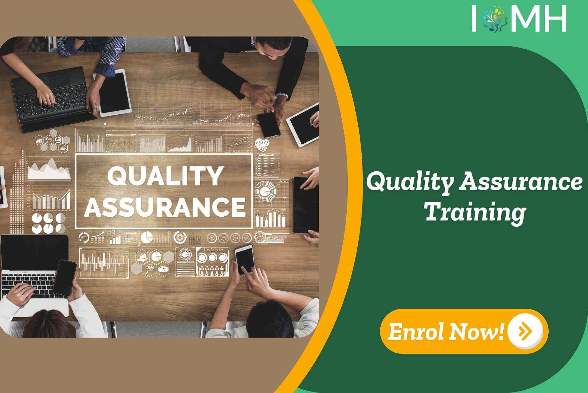Team using devices around table; banner promotes IOMH Quality Assurance Training course.
