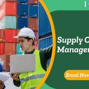 Supply Chain Management course banner with professionals in safety helmets inspecting shipping containers and enrol now.