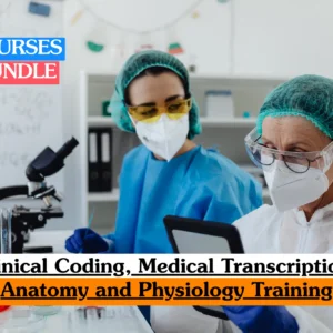 Clinical Coding, Medical Transcription, Anatomy and Physiology training course bundle featuring healthcare professionals in a medical lab, designed for healthcare administration and medical career development.
