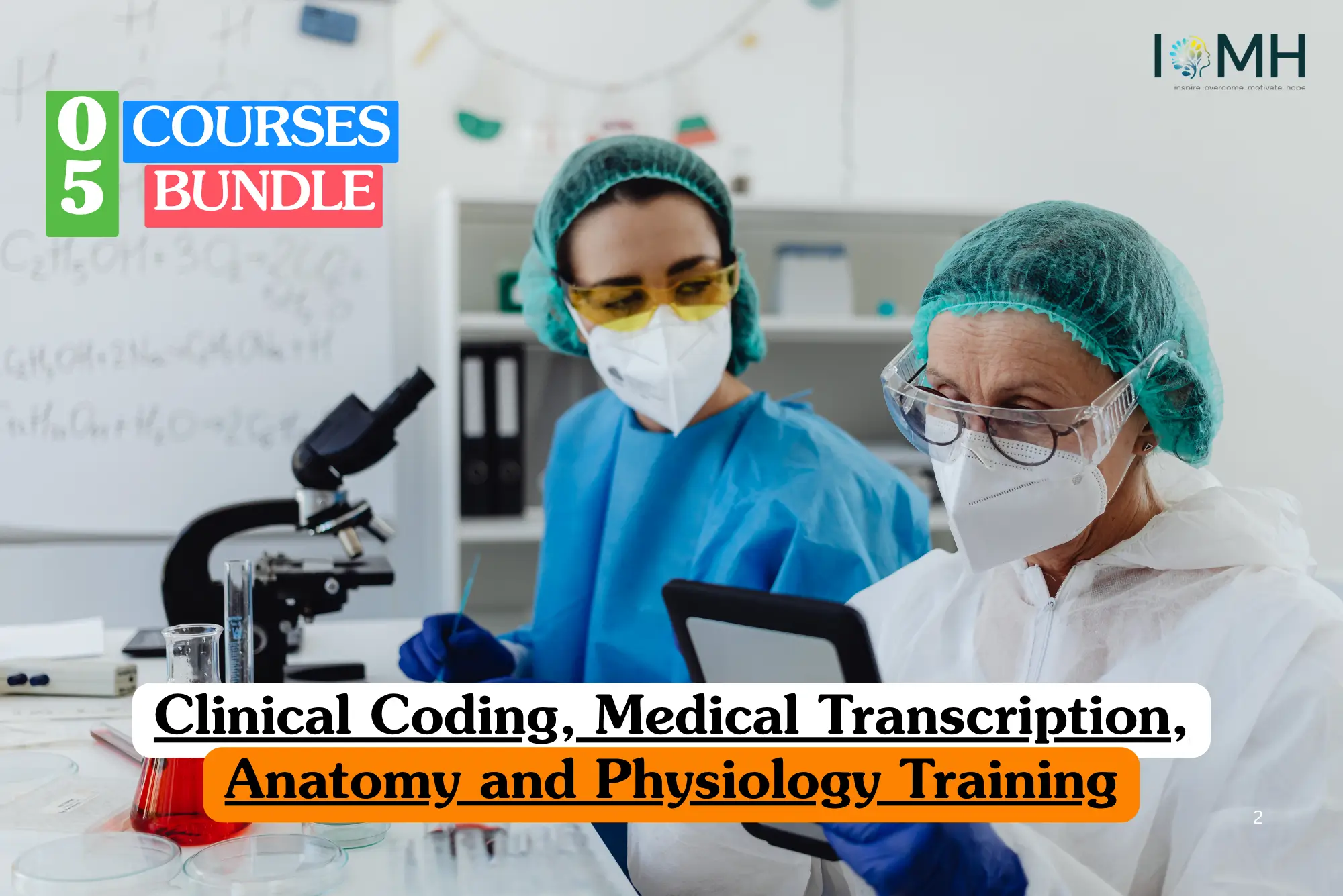 Clinical Coding, Medical Transcription, Anatomy and Physiology training course bundle featuring healthcare professionals in a medical lab, designed for healthcare administration and medical career development.