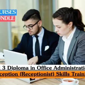 Two business professionals working on a laptop in an office setting, promoting Level 3 Diploma in Office Administration and Receptionist Skills Training course bundle