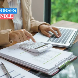 Theoretical tax accounting and corporate fiscal compliance training banner focusing on an over-the-shoulder perspective of a male financial consultant or tax accountant working at a modern office desk.