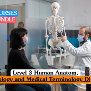 A medical instructor in a mask pointing to a human skeleton model while teaching a student, representing a 05 Courses Bundle for Level 3 Human Anatomy, Physiology and Medical Terminology Diploma by IOMH