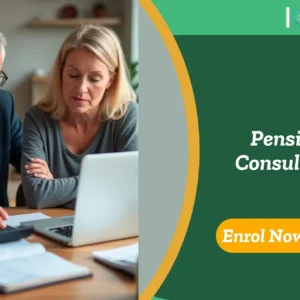Mature professionals engaged in pension planning consultation; right-side banner invites UK users to enrol in Pension Consultant Course.