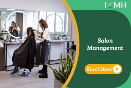 Stylist working in modern salon; banner promotes IOMH Salon Management course.