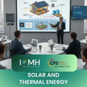 Solar and Thermal Energy training with professionals analysing photovoltaic, geothermal, and thermal systems in classroom setting.