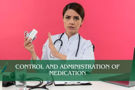 Control and Administration of Medication course banner with doctor holding blister packs of pills and signaling caution with IOMH logo.