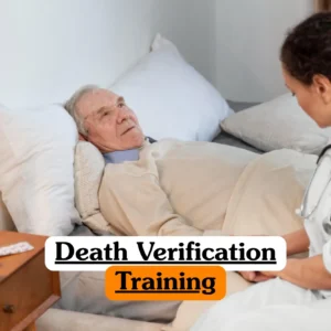 Death Verification Training course banner with healthcare professional in white uniform and stethoscope beside patient in bed.
