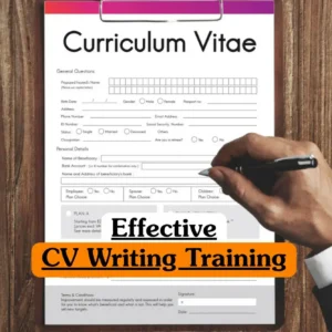 Effective CV Writing Training course banner with person filling out curriculum vitae form on wooden desk.