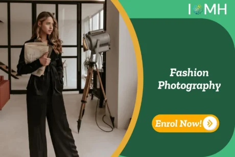 Model or photographer in minimalist studio with professional lighting; promotional banner highlights UK-based Fashion Photography training.