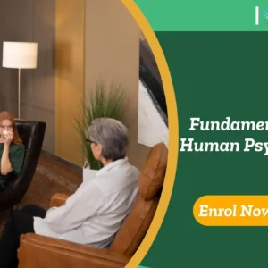 Psychology consultation in calming indoor setting; promotional banner highlights UK-based Fundamentals of Human Psychology training.