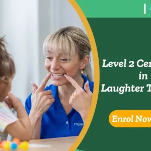 The therapist leads laughter exercises with the child; Banner promotes the Level 2 Certificate in Laughter Therapy course.