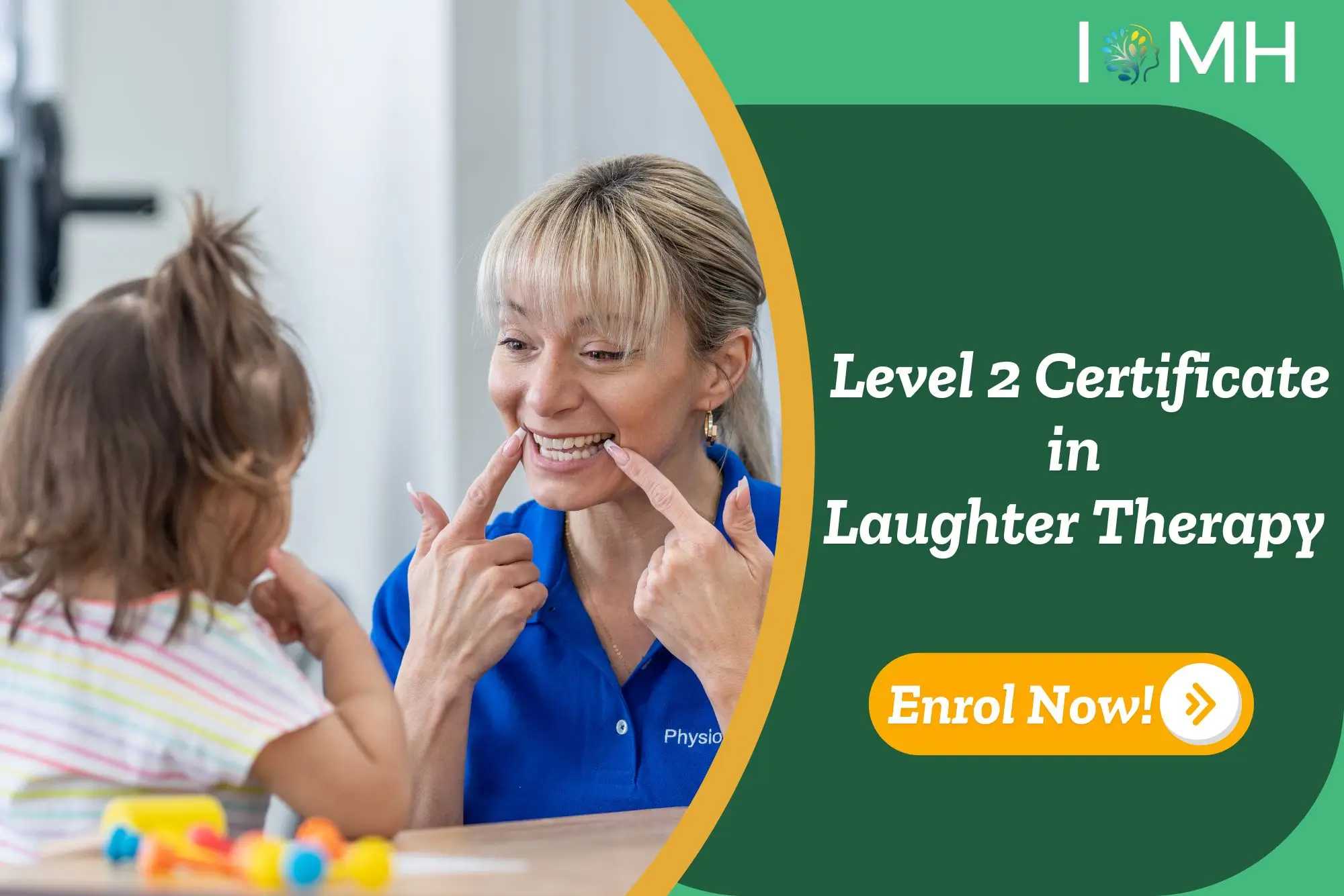 The therapist leads laughter exercises with the child; Banner promotes the Level 2 Certificate in Laughter Therapy course.
