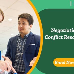 Professionals engaged in negotiation; banner promotes IOMH Negotiation and Conflict Resolution course.