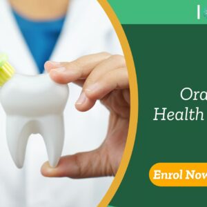 Hands demonstrating brushing technique on tooth model; banner advertises UK-based Oral Health Care course by IOMH.