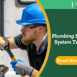 Worker adjusting pipes; banner promotes IOMH Plumbing Sanitary System Training course.