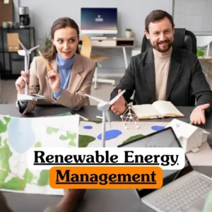 Renewable Energy Management course banner with team discussing wind turbine and solar panel models in office workspace.