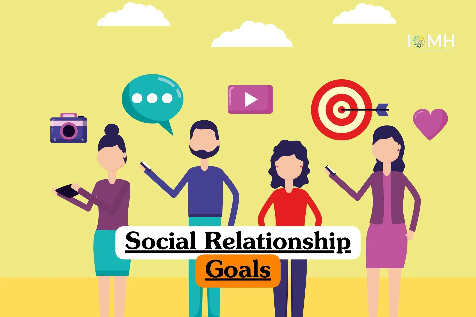 Social Relationship Goals course banner with illustrated group holding smartphones surrounded by social media icons.