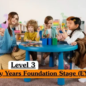 Level 3 Early Years Foundation Stage course banner with teacher and children learning numbers at preschool table.