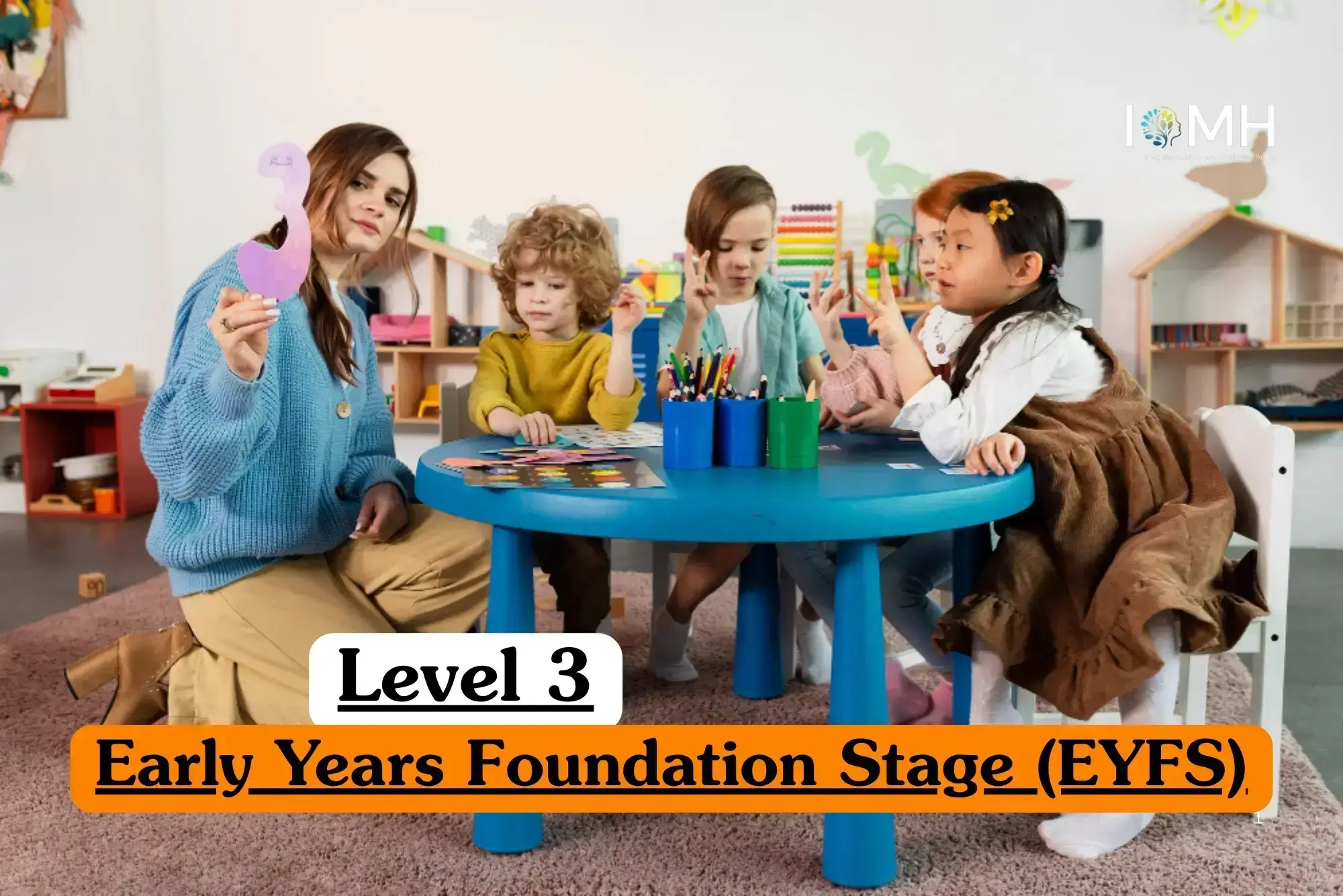 Level 3 Early Years Foundation Stage course banner with teacher and children learning numbers at preschool table.