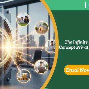 Digital vault with icons for life goals; banner promotes The Infinite Banking Concept – Privatise Finance course.