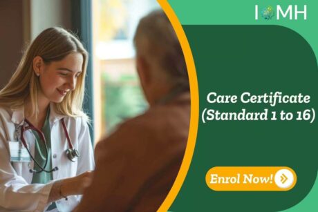 Medical professional conducts a patient consultation in a bright office setting; banner promotes UK-based Care Certificate (Standards 1 to 16) by IOMH.
