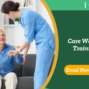 Caregiver assists elderly person; banner promotes IOMH care worker training.