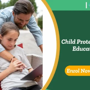 Child & adult engaged in digital learning activity; promotional banner highlights the Child Protection in Education course.