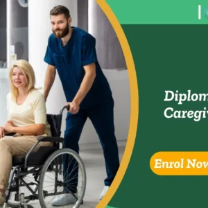 Healthcare worker supports female patient in wheelchair within clinical setting; promotional banner highlights UK-based Diploma in Caregiving training.
