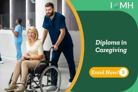 Healthcare worker supports female patient in wheelchair within clinical setting; promotional banner highlights UK-based Diploma in Caregiving training.