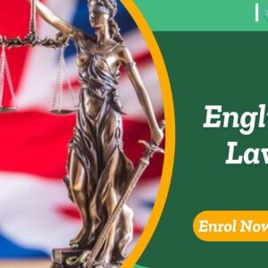English Law course banner with Lady Justice statue holding scales and sword in front of Union Jack flag and enrol now.
