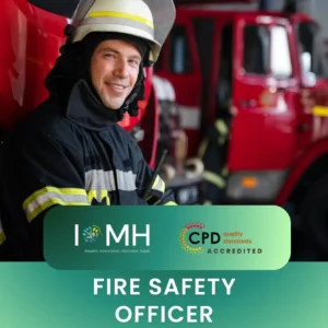 Firefighter in uniform at fire station; banner promotes CPD-accredited fire safety officer training.