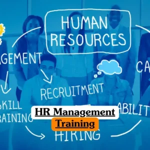 HR Management Training course banner with group of professionals in office setting surrounded by handwritten style words and icons including human resources management career recruitment ability hiring skill training gears graduation cap magnifying glass document.