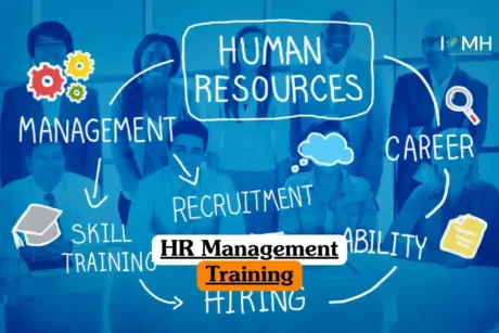 HR Management Training course banner with group of professionals in office setting surrounded by handwritten style words and icons including human resources management career recruitment ability hiring skill training gears graduation cap magnifying glass document.