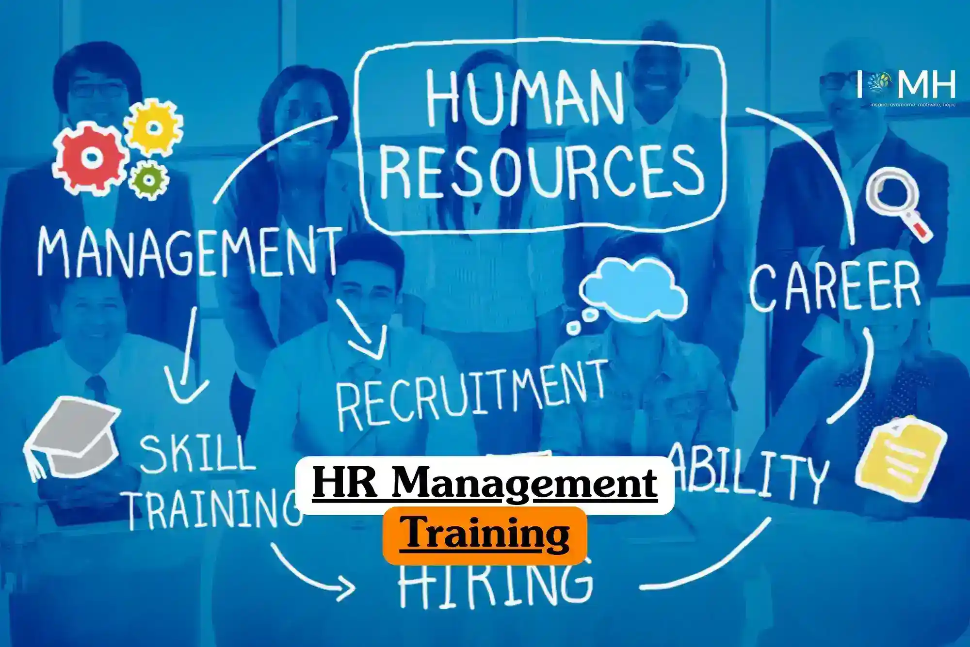 HR Management Training course banner with group of professionals in office setting surrounded by handwritten style words and icons including human resources management career recruitment ability hiring skill training gears graduation cap magnifying glass document.