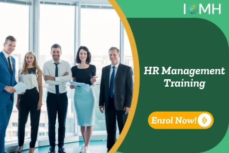 Business team in corporate environment featured in promotional image for IOMH’s UK-based HR Management Training course.