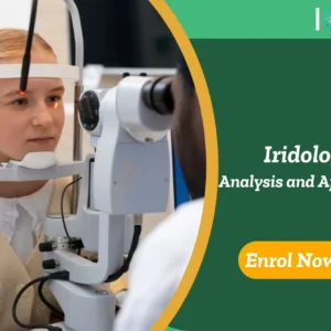 Person receives iris exam; banner promotes Iridology – Analysis and Applications course.