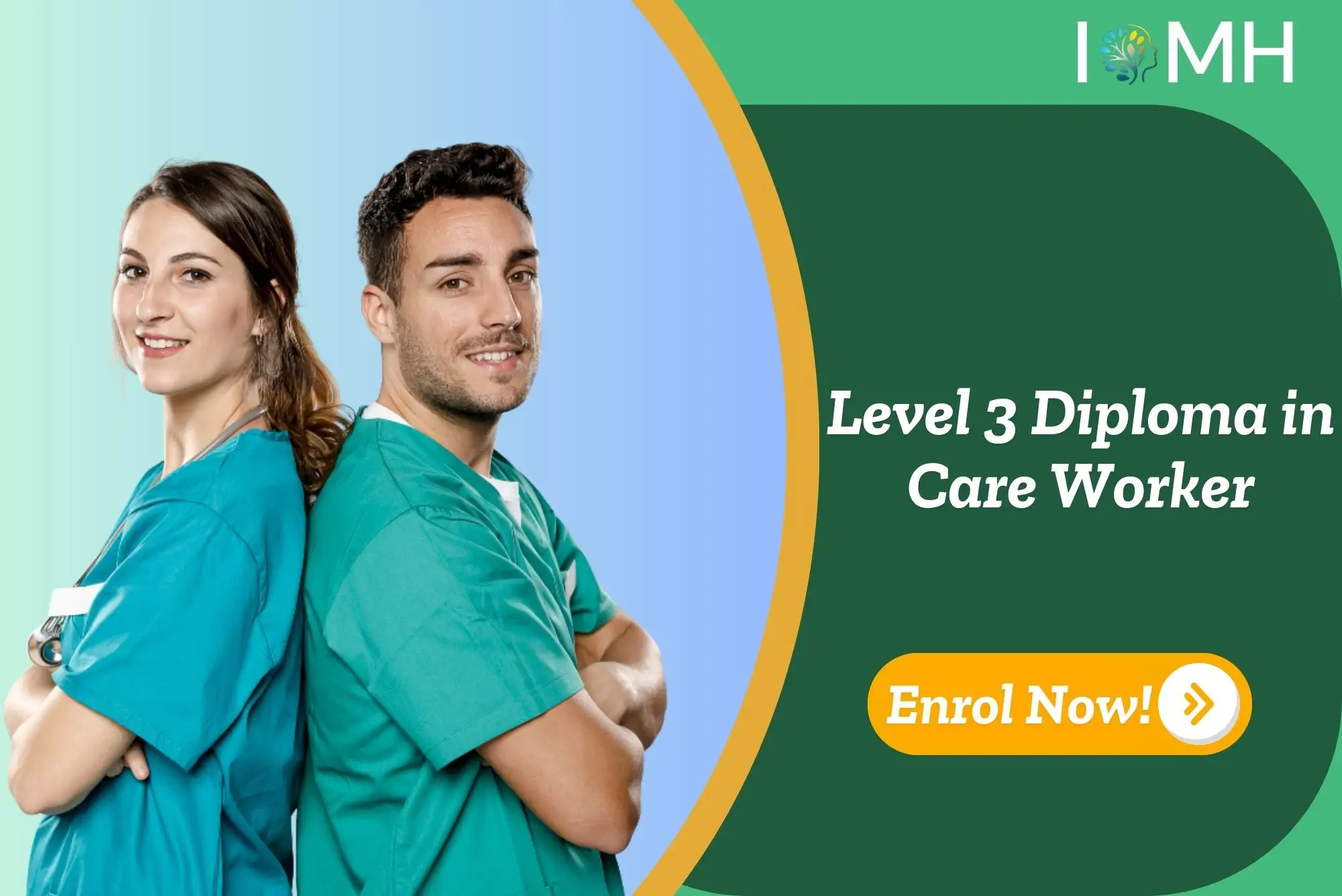 Confident male and female care workers in medical scrubs; promotional banner highlights UK-based Level 3 Diploma in Care Worker training.