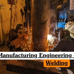 Manufacturing Engineering Welding course banner with professionals using protective helmets welding large metal structure in industrial workshop.