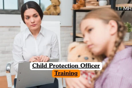 Child Protection Officer Training course banner with professional adult holding clipboard listening attentively to child with teddy bear in comfortable room with shelves of stuffed animals and decorative items.