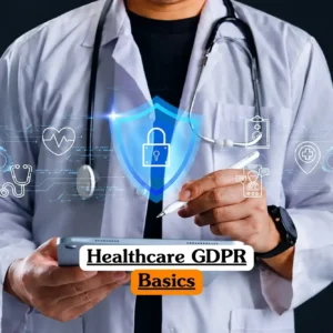 Healthcare GDPR Basics course banner with medical professional in white coat and stethoscope holding tablet surrounded by digital healthcare icons heart stethoscope clipboard medicine bottle and shield padlock symbol.