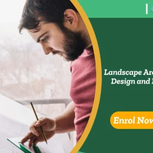 Architect drafting landscape design; banner promotes Landscape Architecture: Design and Drawing course.