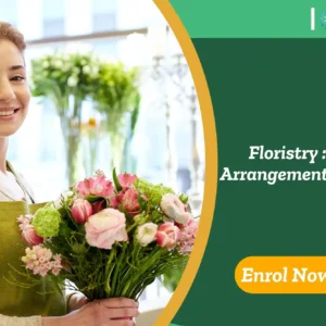 Individual arranges diverse bouquet in flower shop setting; promotional banner highlights UK-based IOMH course in Floristry: Floral Arrangement & Design.