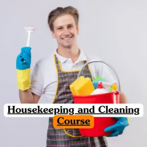 Housekeeping and Cleaning Course banner with person in plaid apron and rubber gloves holding red bucket filled with cleaning supplies including sponges spray bottle detergent container and dish brush against plain light grey background.