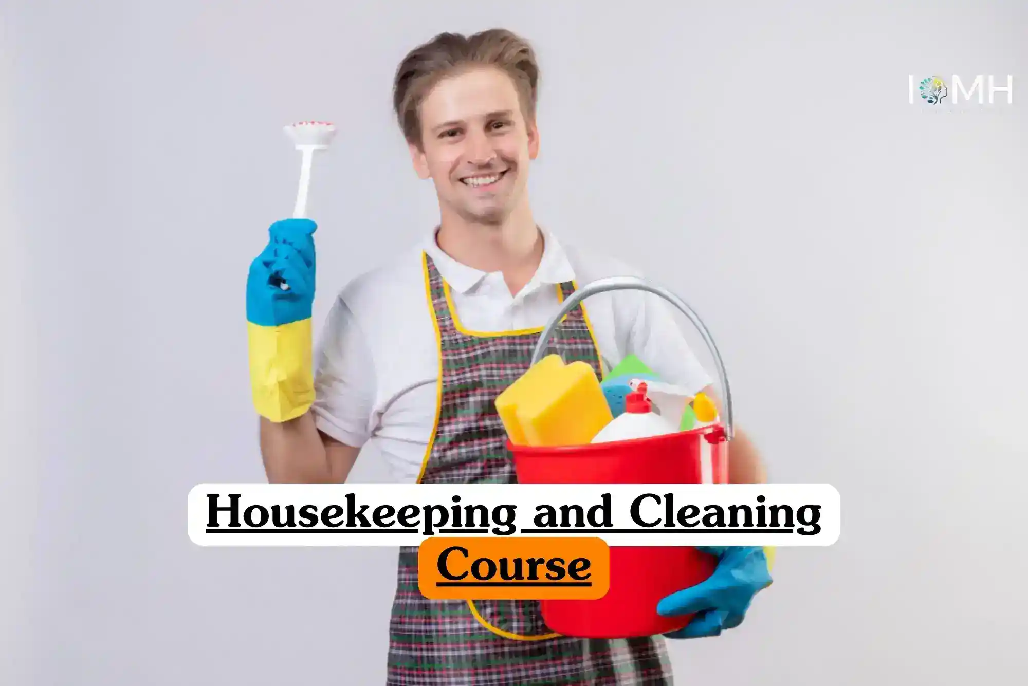 Housekeeping and Cleaning Course banner with person in plaid apron and rubber gloves holding red bucket filled with cleaning supplies including sponges spray bottle detergent container and dish brush against plain light grey background.