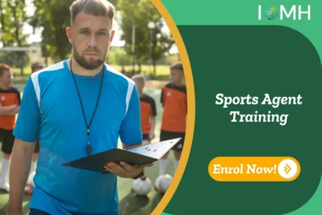 Sports agent on football pitch with youth players; banner promotes Sports Agent Training course.
